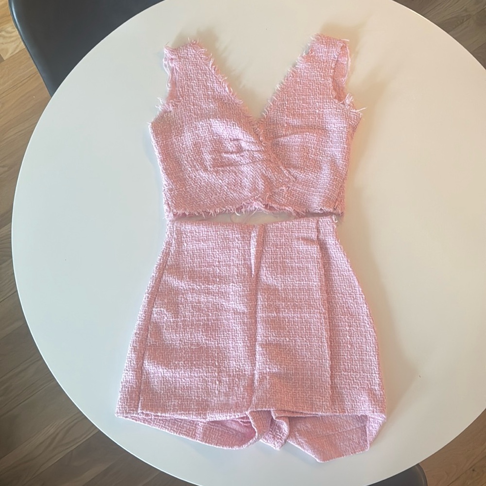 Zara Pink Tweed Shorts Skort Set